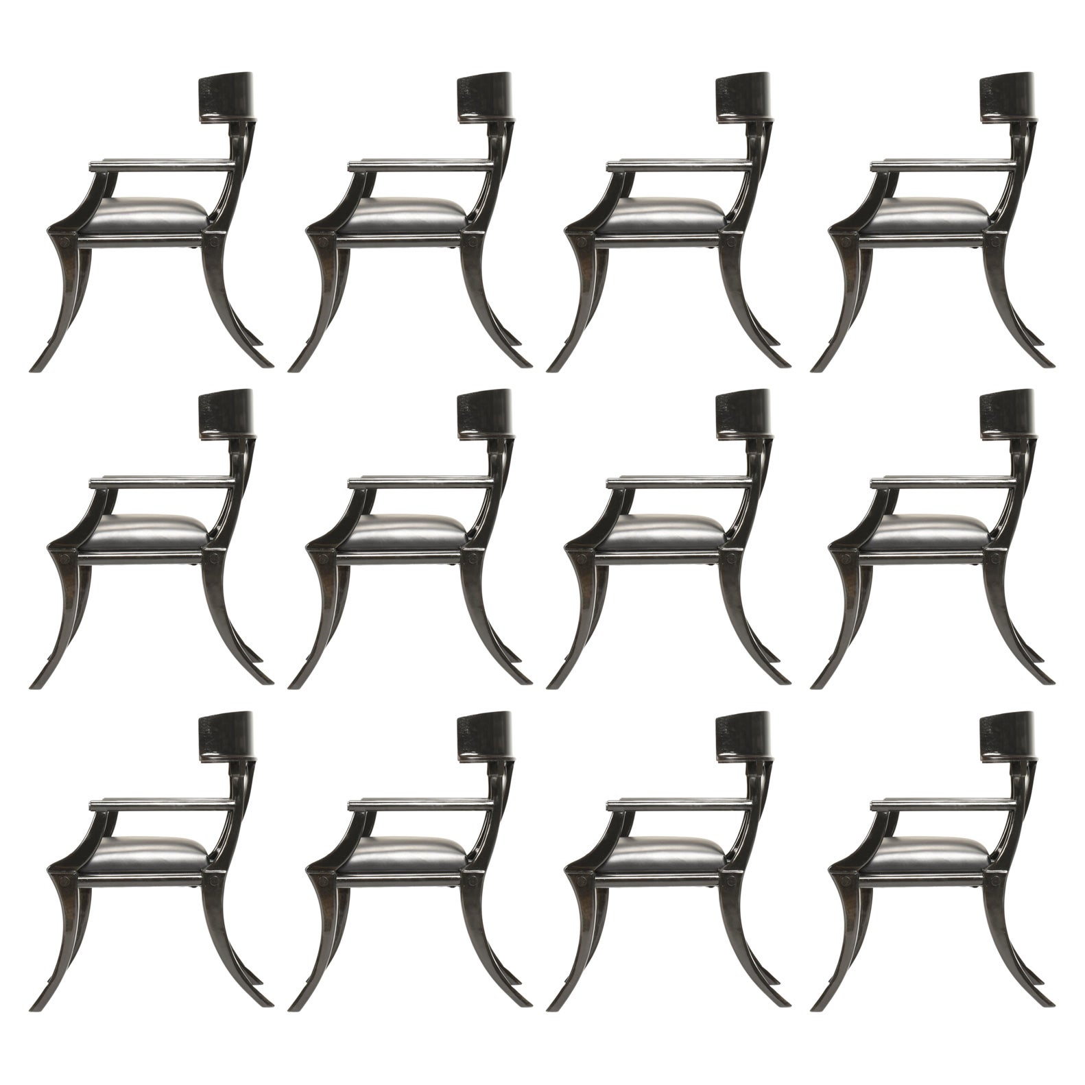 Klismos Sillones de cuero negro con patas de sable de madera Personalizables, Lote de 12