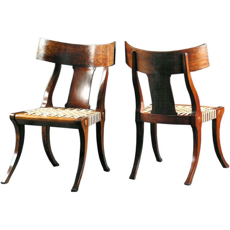 The Klismos chair (shown here) is based on an ancient Greek model. Made from sustainable hardwood with woven leather seats. The original Klismos chairs were created by the Greeks during the 6th century BC and were the first chairs that allowed
