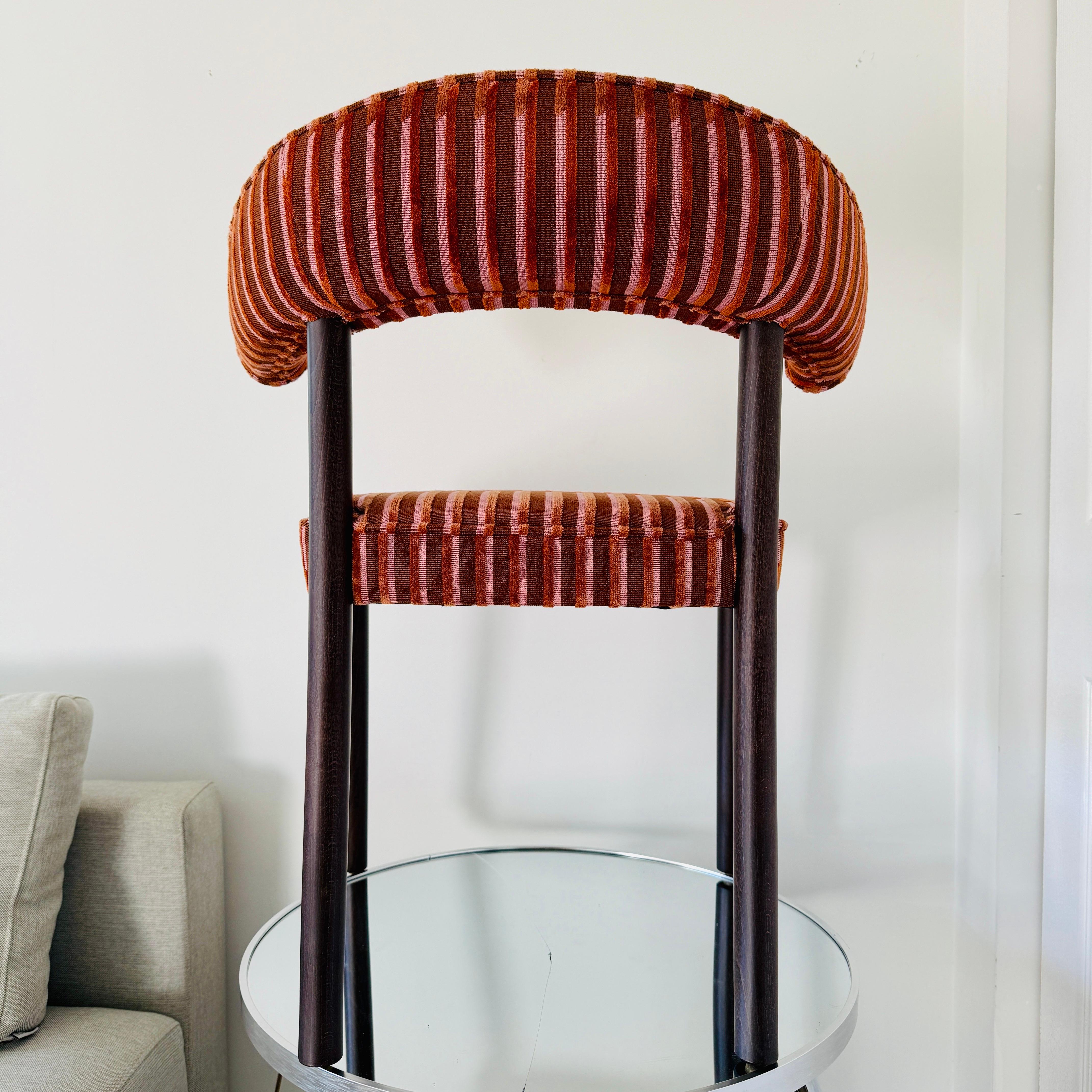 Hand-Carved Klismos Chair in Velvet Stripes Upholstery and Walnut Wood For Sale