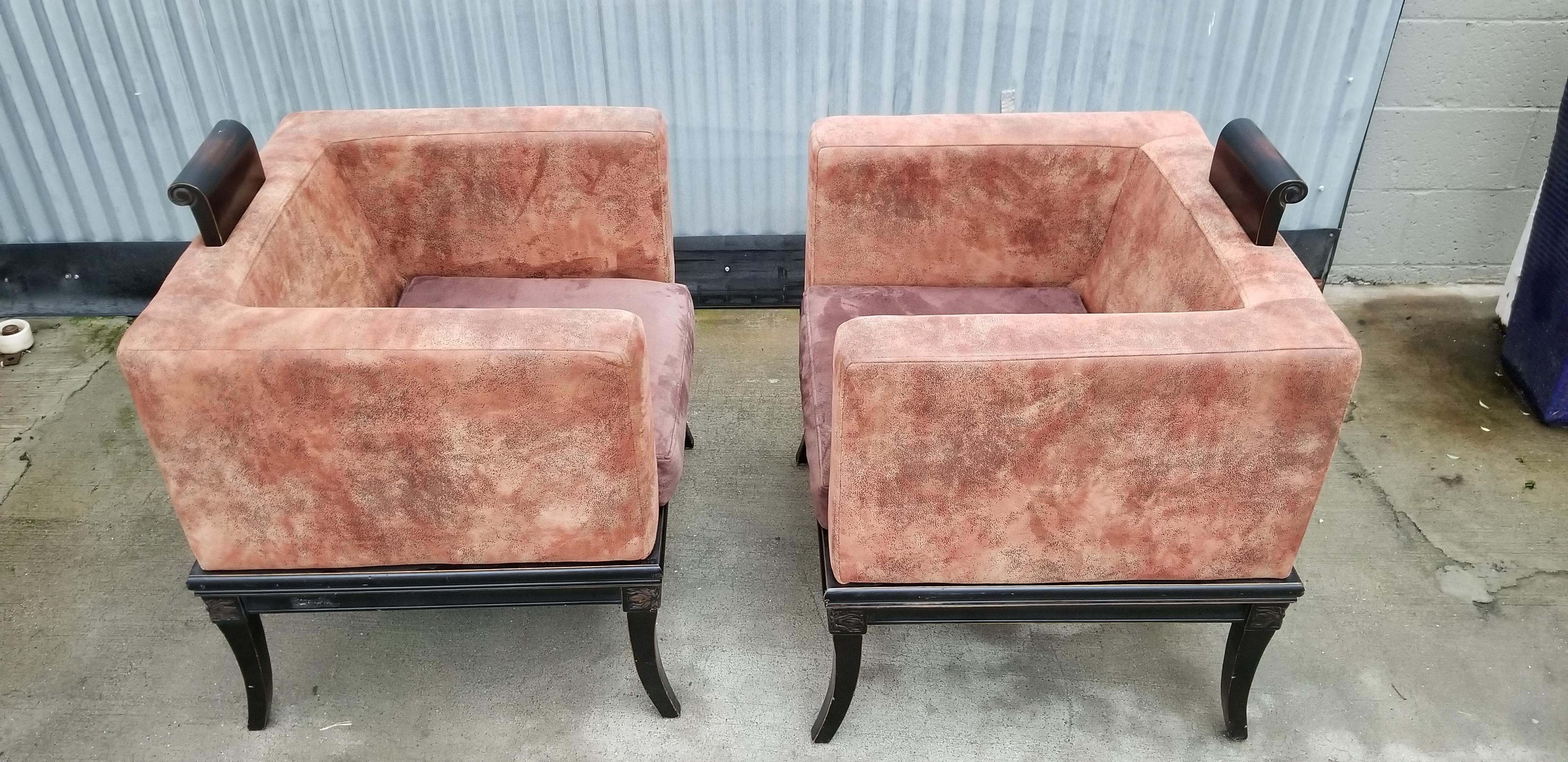 A unique pair of micro-suede mid-20th century club chairs. Hardwood ebony frames with elegant klismos design. Modern cube form chairs with Asian and Greek influence implicative of James Mont or Billy Haines. Fine craftsmanship, structurally solid