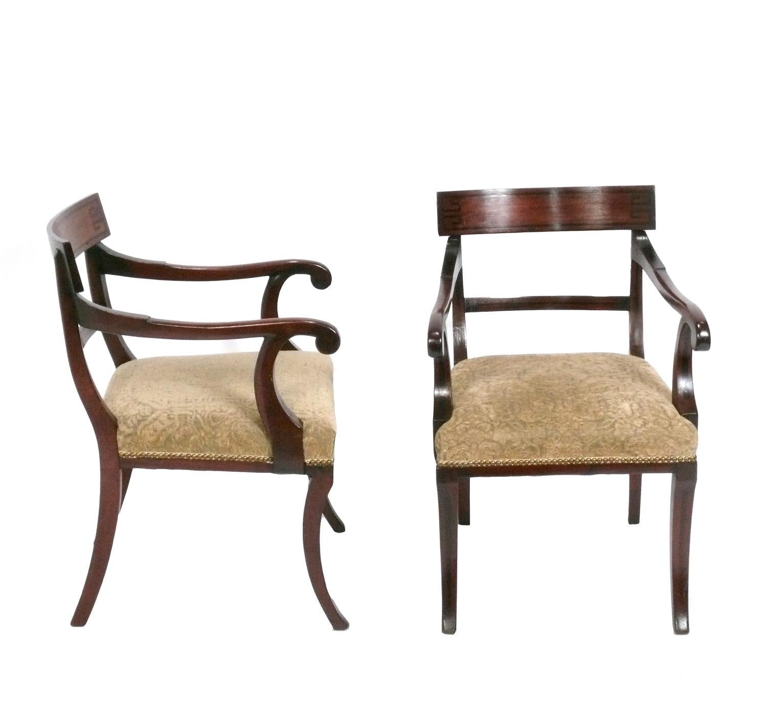Set of Eight Elegant Klismos Dining Chairs, probably English, circa 1960s, possibly earlier. Removed from an apartment at 720 Park Avenue, NY, NY. The arm chairs measure 33