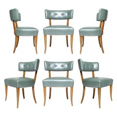 Klismos Green Leather Dining Chairs in the Style of Robsjohn Gibbings, Set of 6