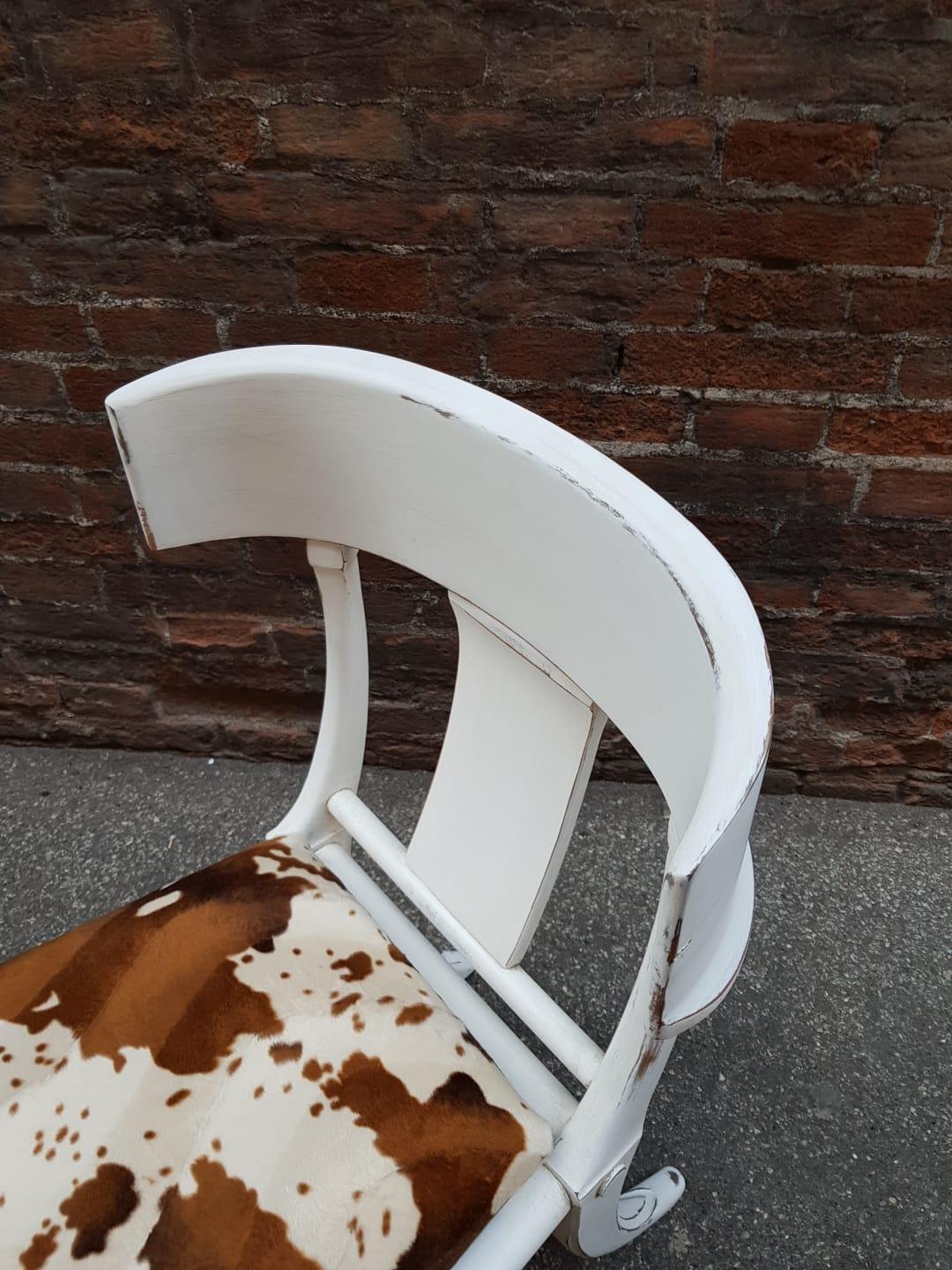 Italian Klismos Saber Legs White Shabby Chairs Customizable Eco Cow Fur Seats Set of 10 For Sale