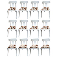 Klismos Patas de Sable Sillas Shabby Blancas Asientos de Piel de Vaca Ecológica Personalizables Juego de 12