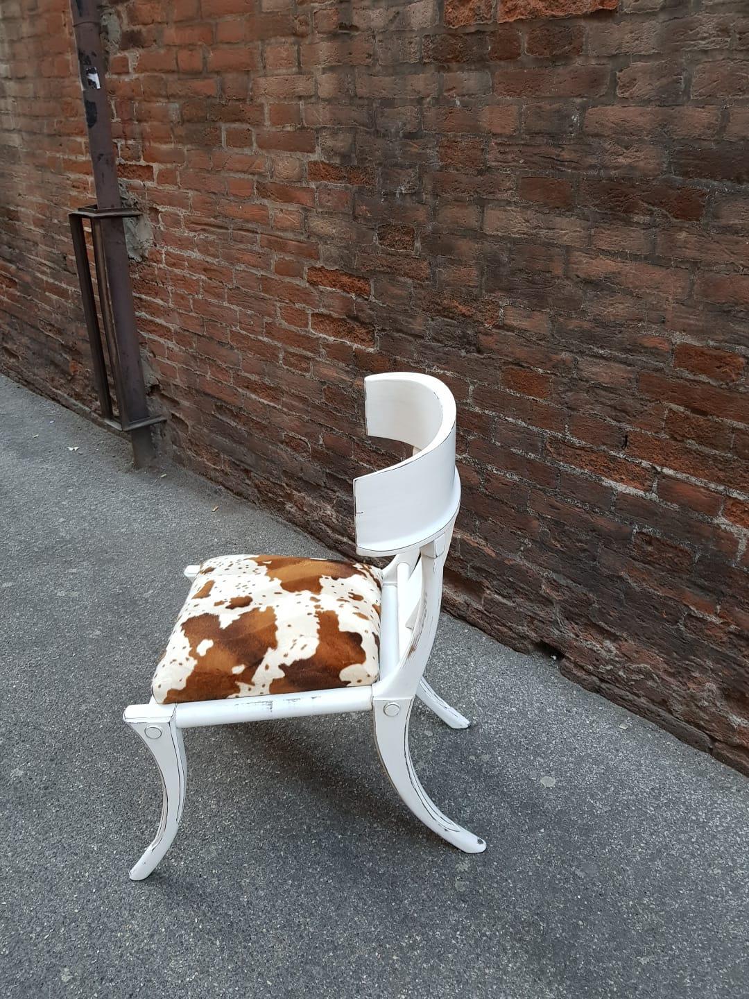 Walnut Klismos Saber Legs White Shabby Chairs Customizable Eco Cow Fur Seats Set of 8 For Sale
