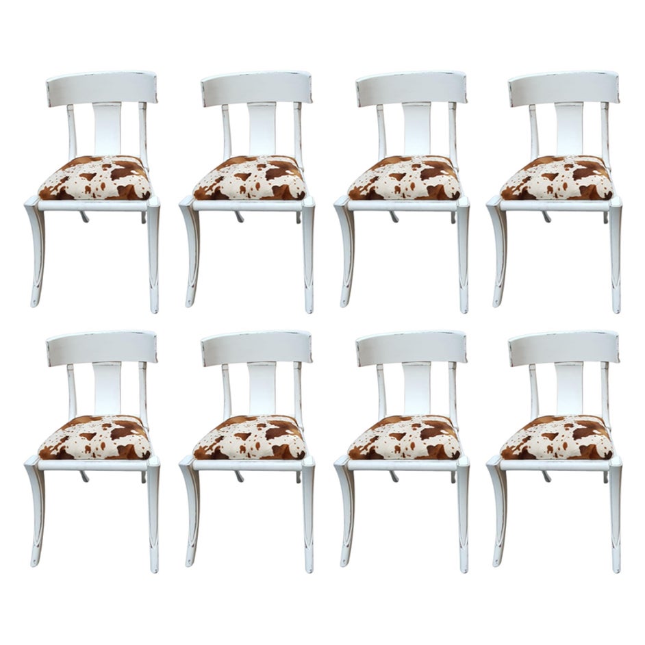 Klismos Sedie Shabby Bianche con Gambe a Sciabola Personalizzabili Eco Pelliccia di Mucca Set di 8 Sedute