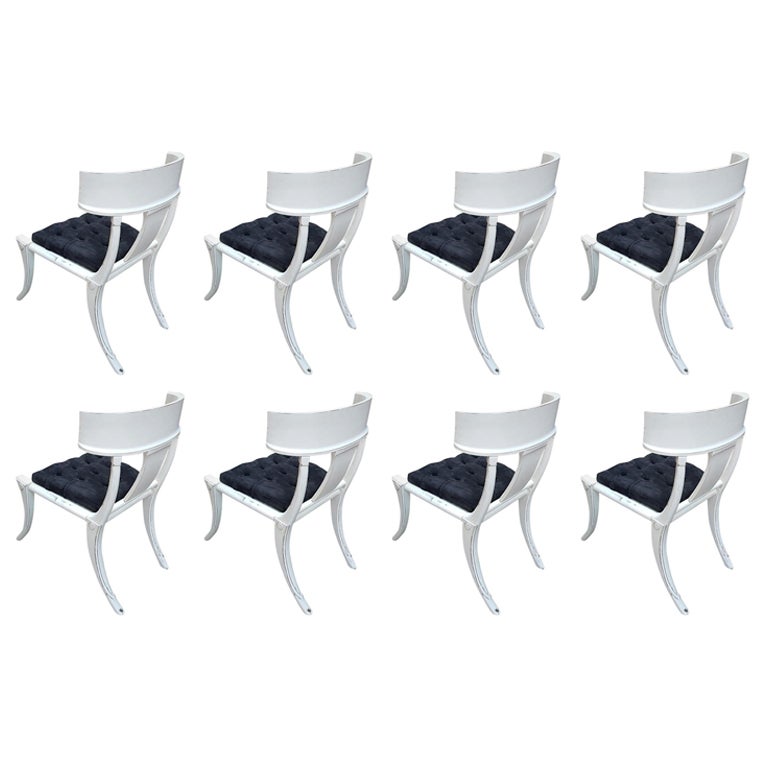 Klismos Saber Legs Weiße Shabby-Stühle Anpassbare Polsterung 8er-Set