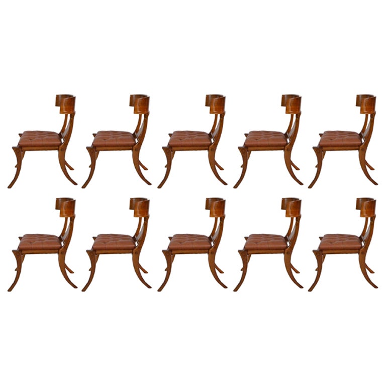 Klismos Glänzendes Nussbaumholz Saber Legs Brown Leder Stühle Customizable Satz von 10