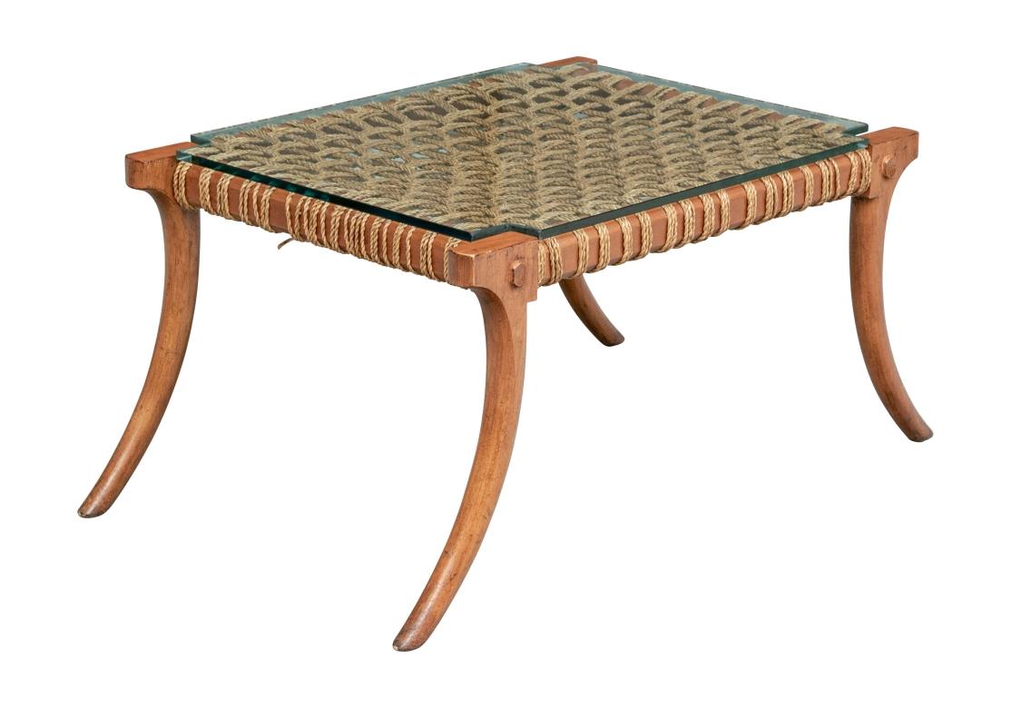 Klismos Style Cocktail Table With Woven Rope Top In Fair Condition For Sale In Bridgeport, CT