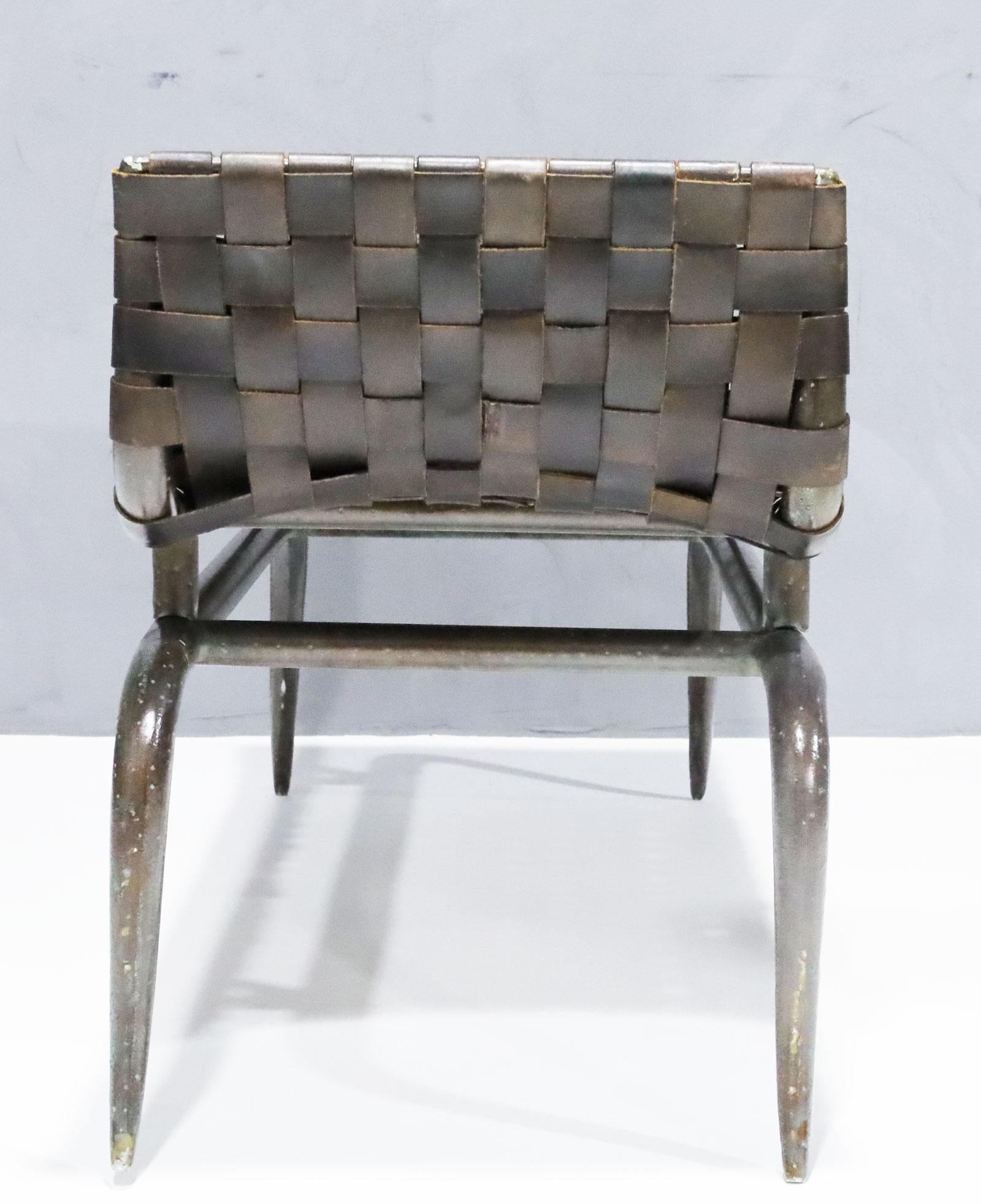 Mid-Century Modern Klismos Style Leg Metal and Woven Leather Bench For Sale