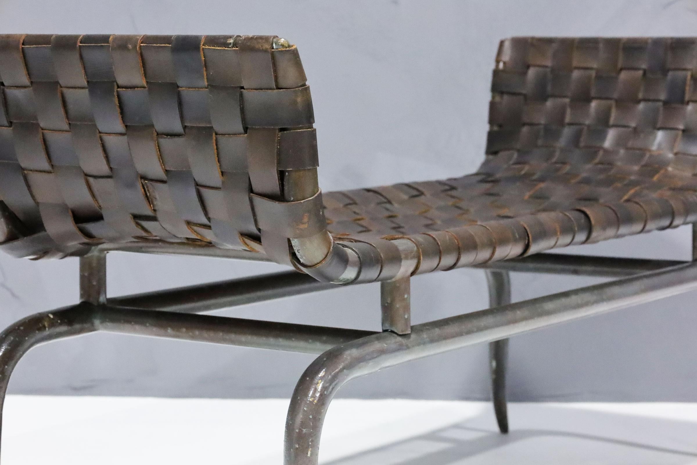 20th Century Klismos Style Leg Metal and Woven Leather Bench For Sale