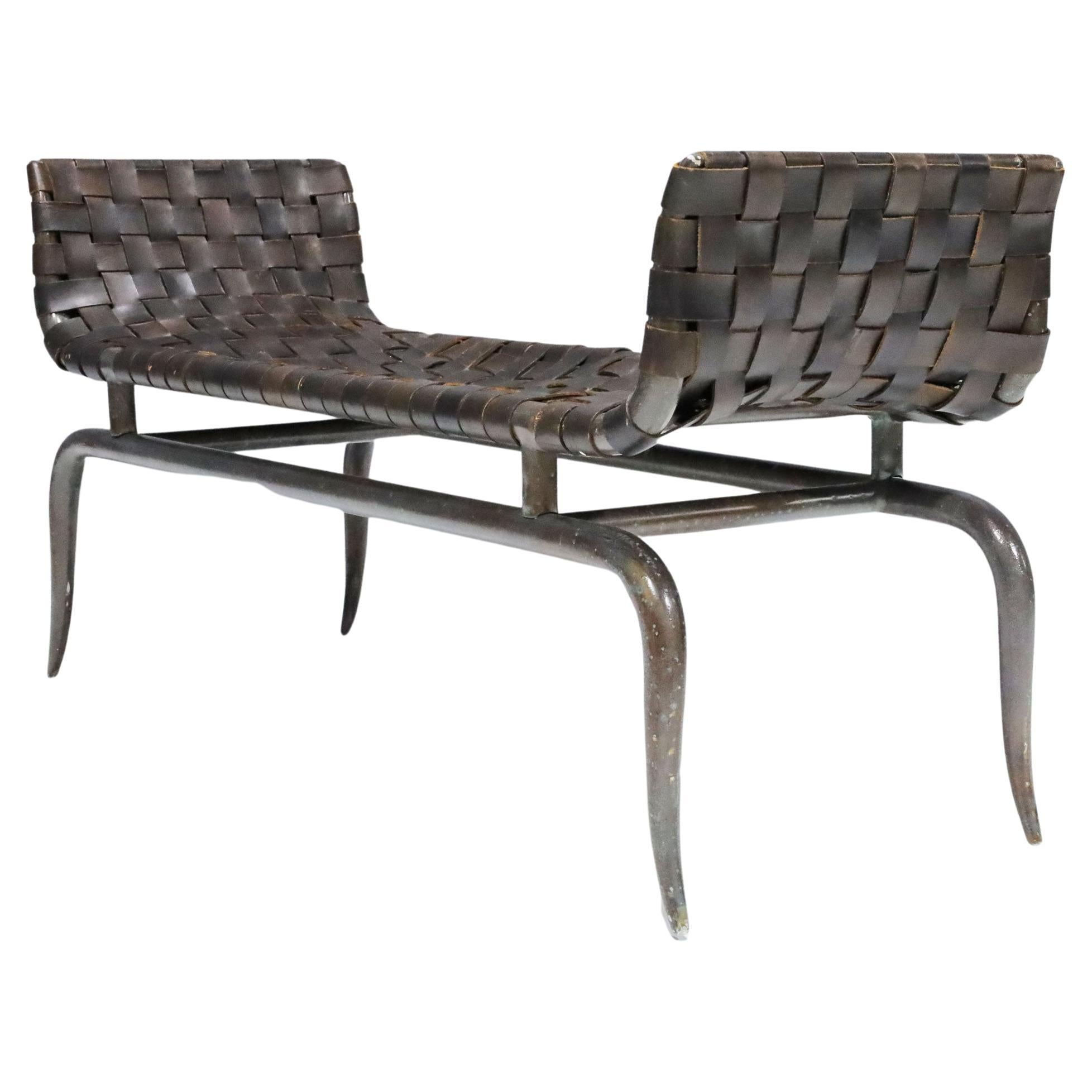 Klismos Style Leg Metal and Woven Leather Bench For Sale