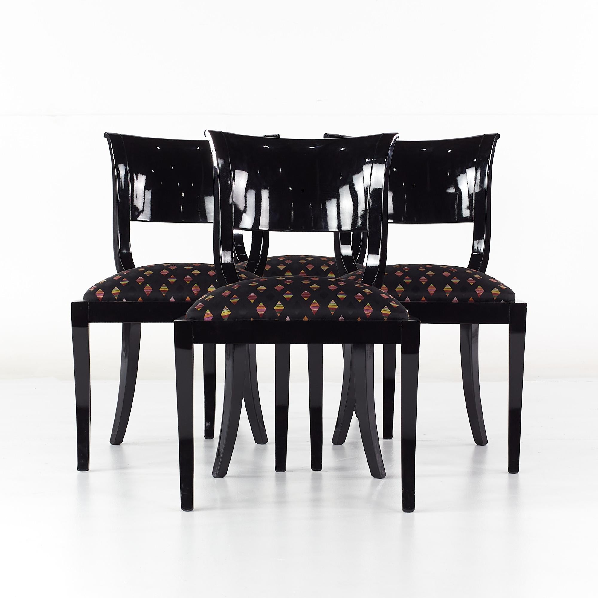 Klismos Style Mid Century Black Lacquer dining chairs - Set of 4

These chairs measure: 21.5 wide x 18.5 deep x 32.5 inches high, with a seat height/chair clearance of 19 inches

All pieces of furniture can be had in what we call restored