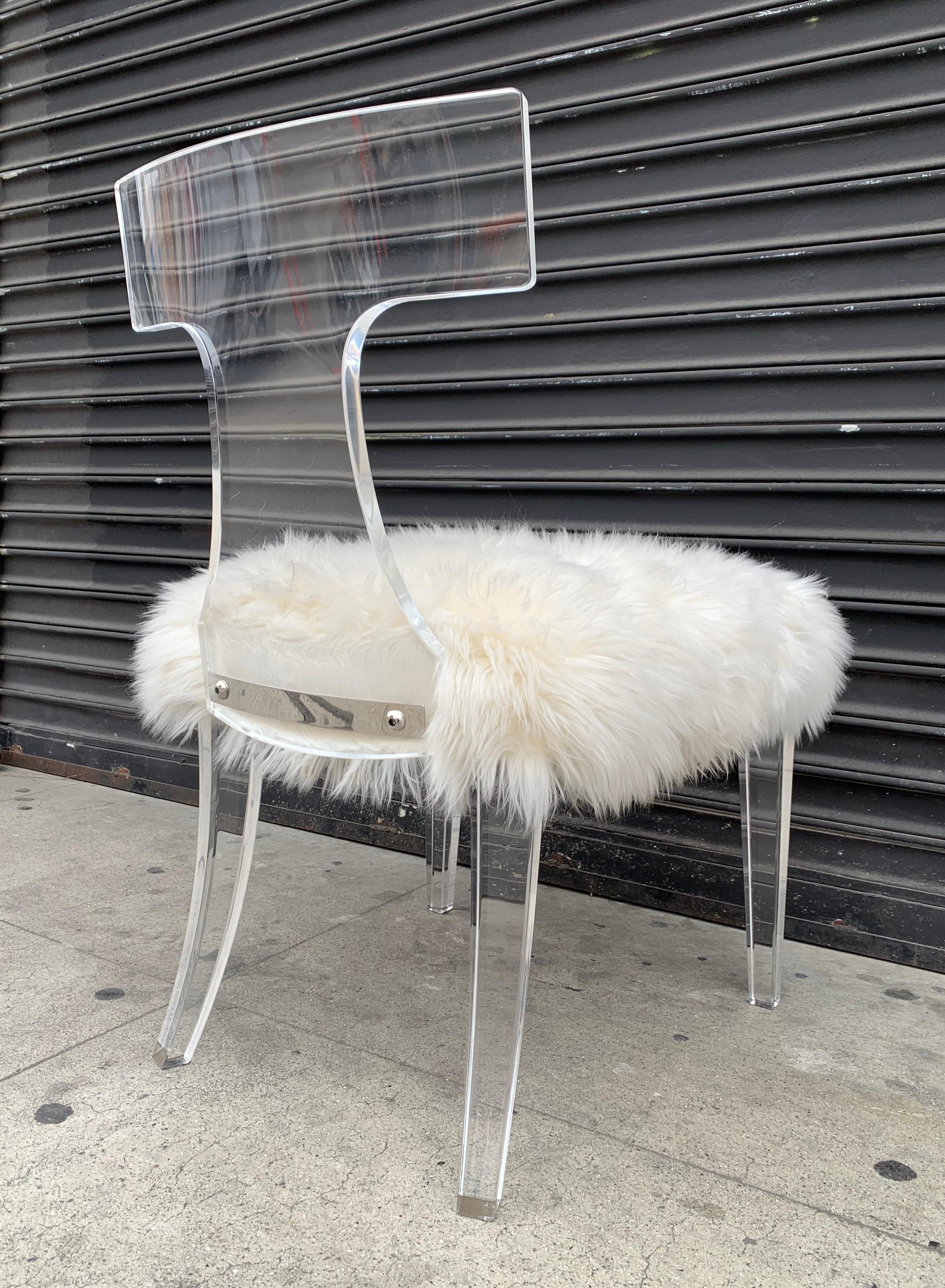 Modern Klismos Style Vanity Chair in Lucite & Faux Lamb Hair by Charles Hollis Jones