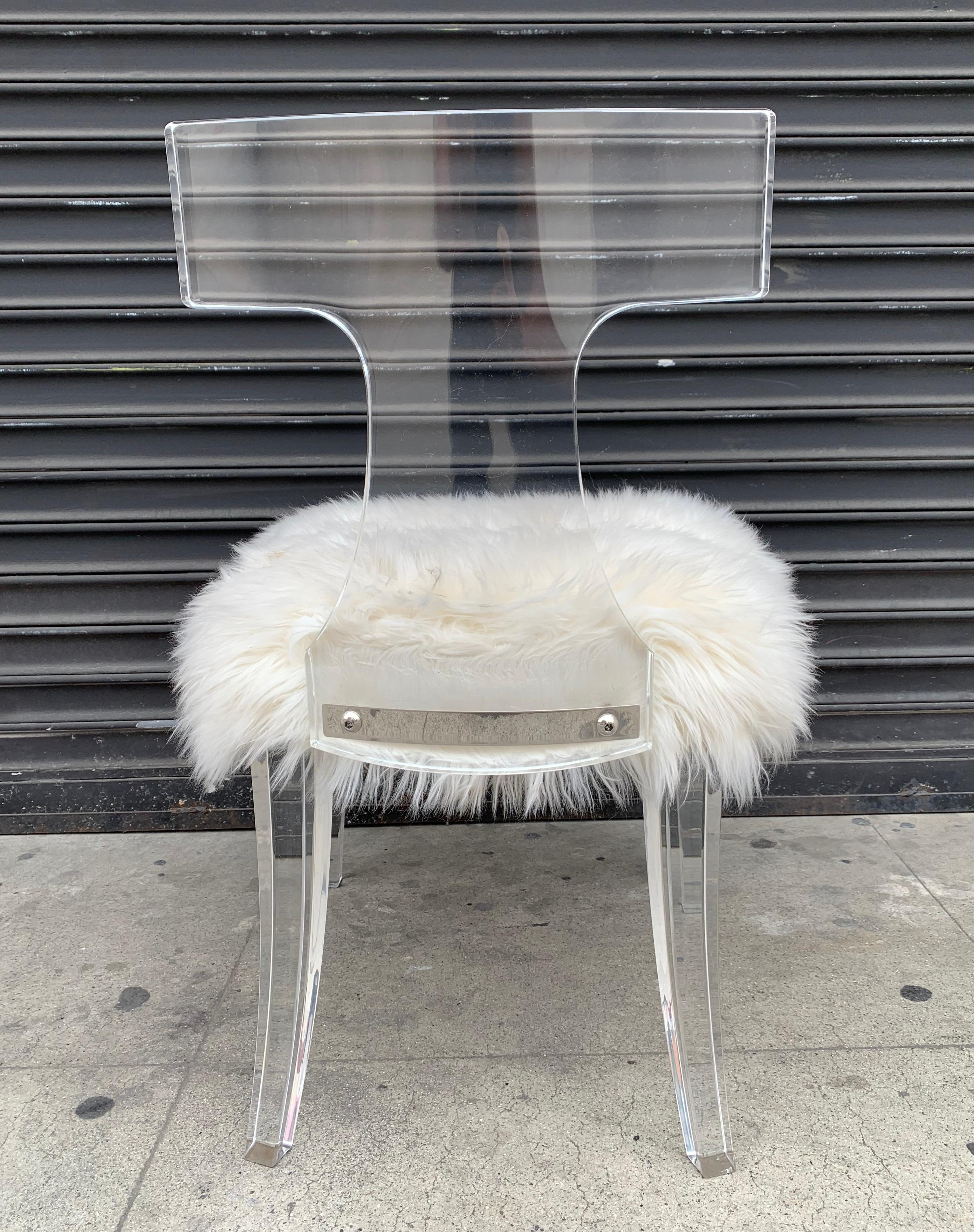 American Klismos Style Vanity Chair in Lucite & Faux Lamb Hair by Charles Hollis Jones