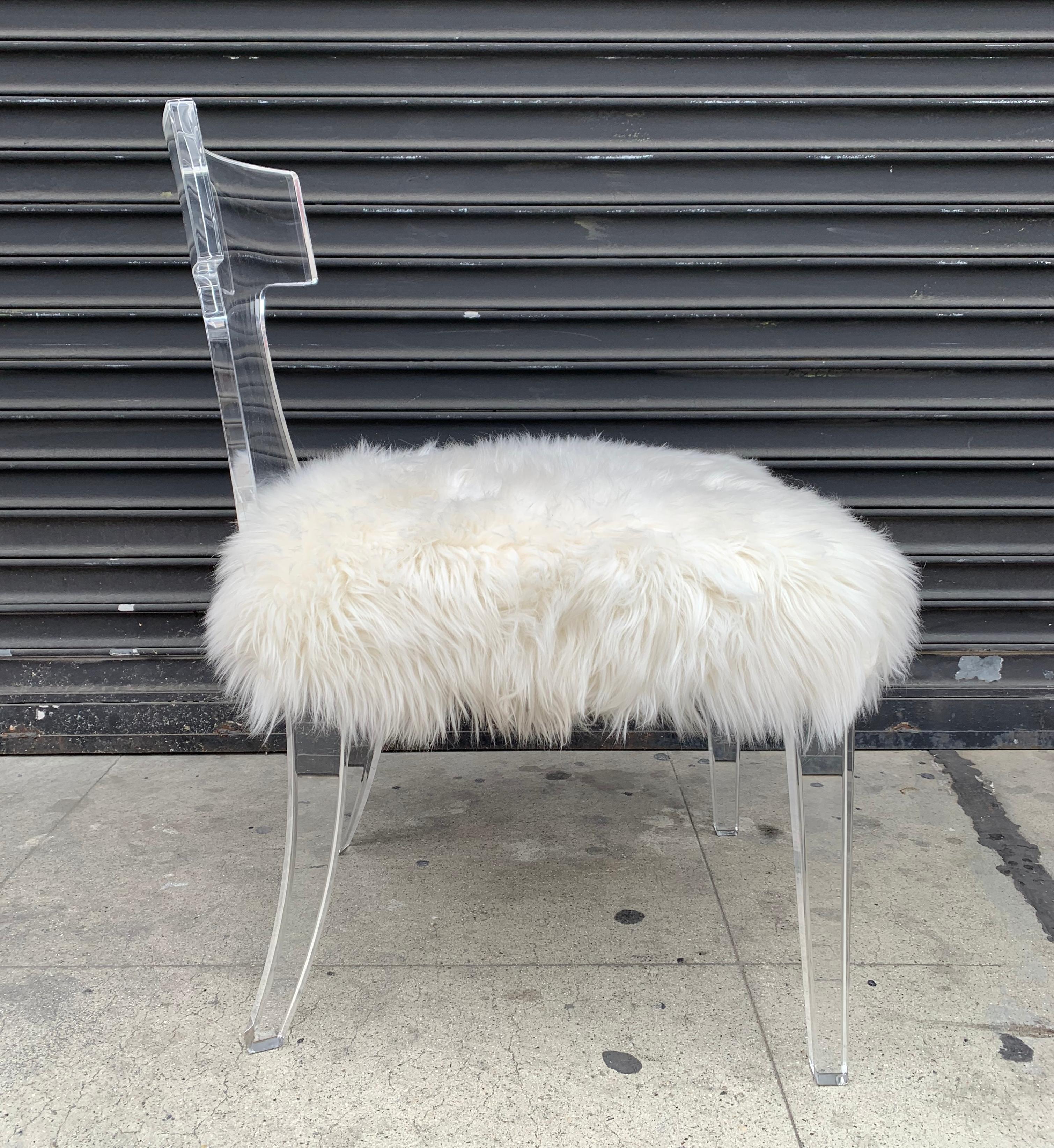 Polished Klismos Style Vanity Chair in Lucite & Faux Lamb Hair by Charles Hollis Jones