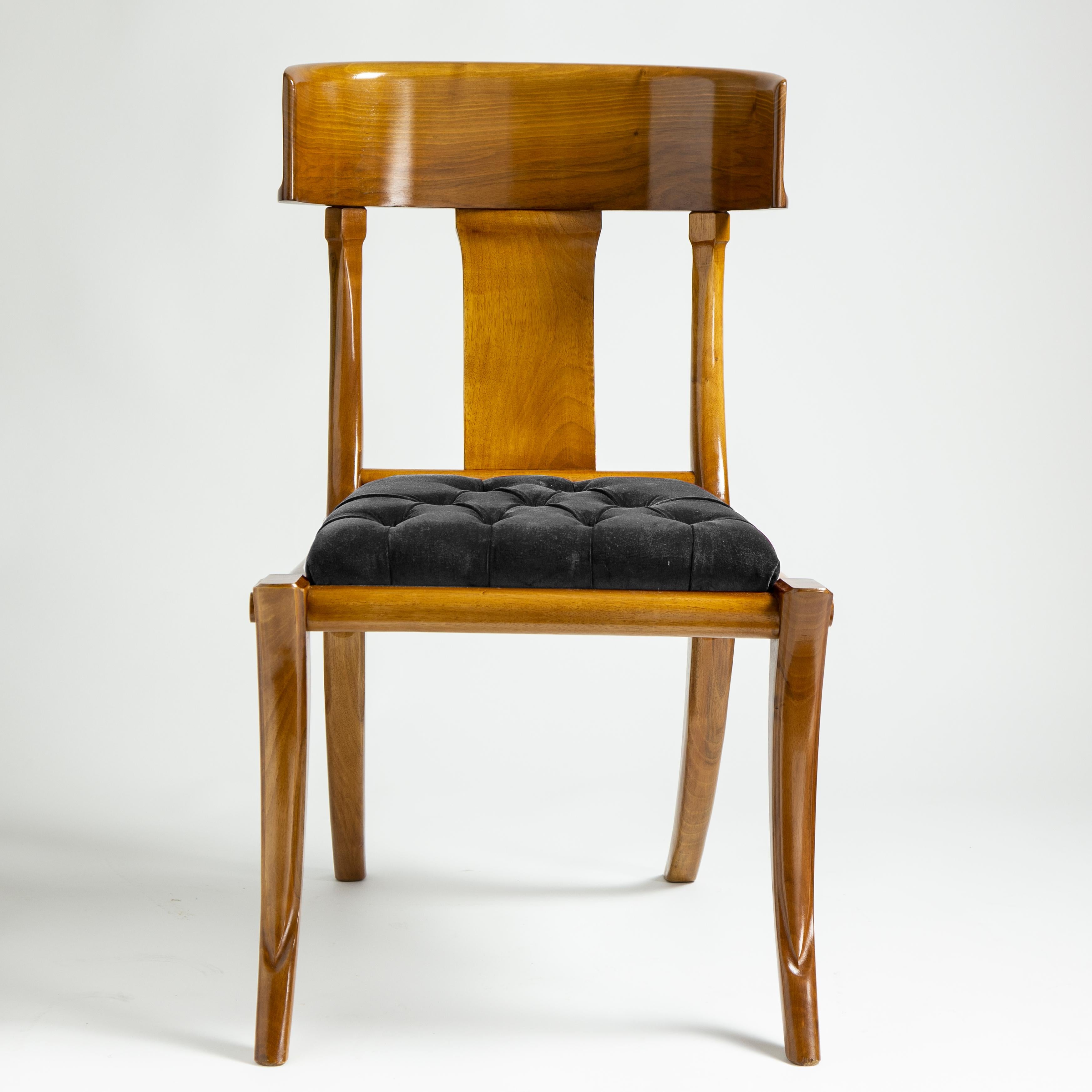 Greek Revival Klismos Walnut Wood Saber Legs Black Velvet Chairs, Customizable Set of 10 For Sale
