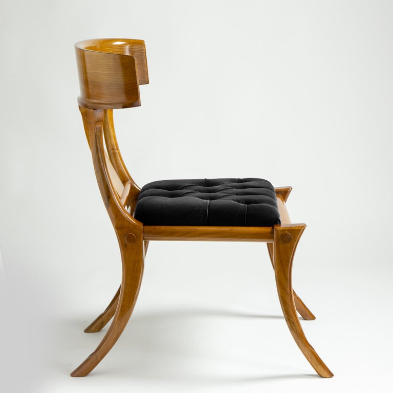 Italian Klismos Walnut Wood Saber Legs Black Velvet Chairs, Customizable Set of 4 For Sale