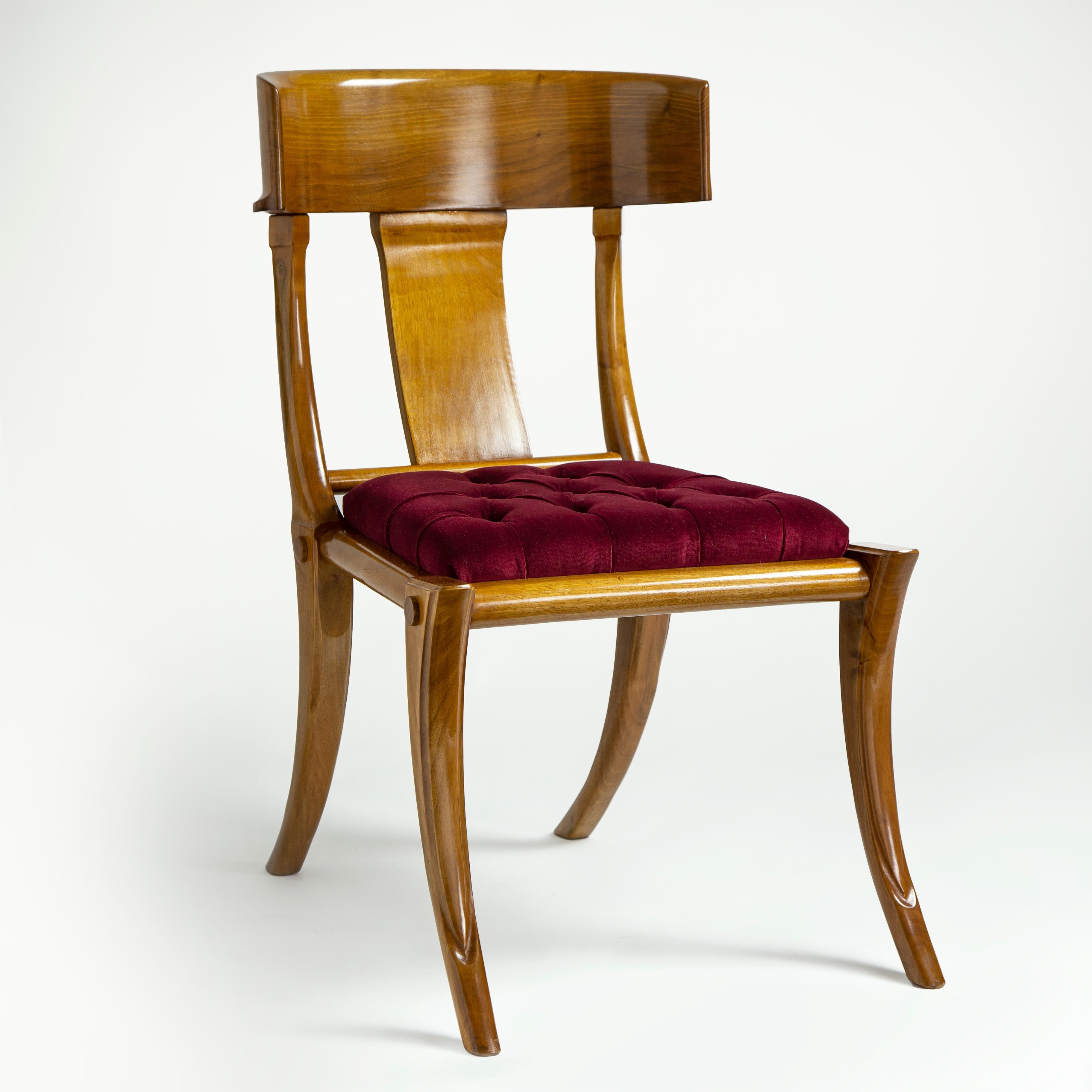 Greek Revival Klismos Walnut Wood Saber Legs Black Velvet Dining Chairs, Customizable