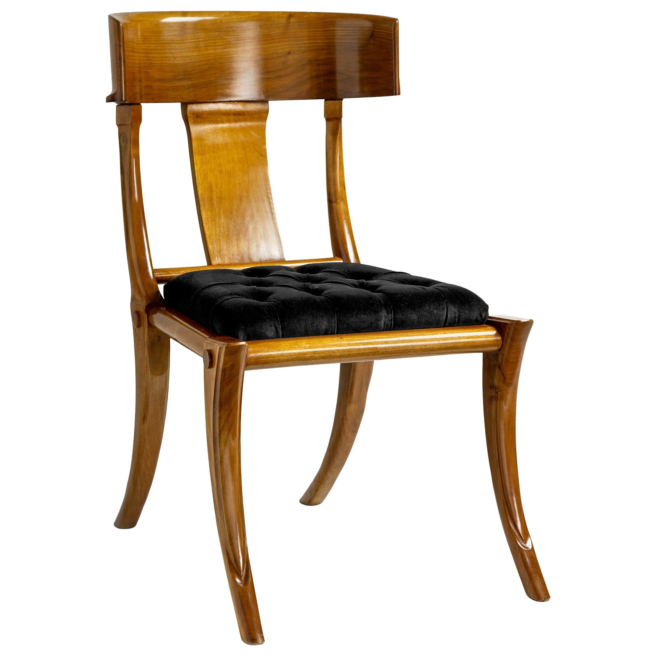 Klismos Walnut Wood Saber Legs Black Velvet Dining Chairs, Customizable For Sale