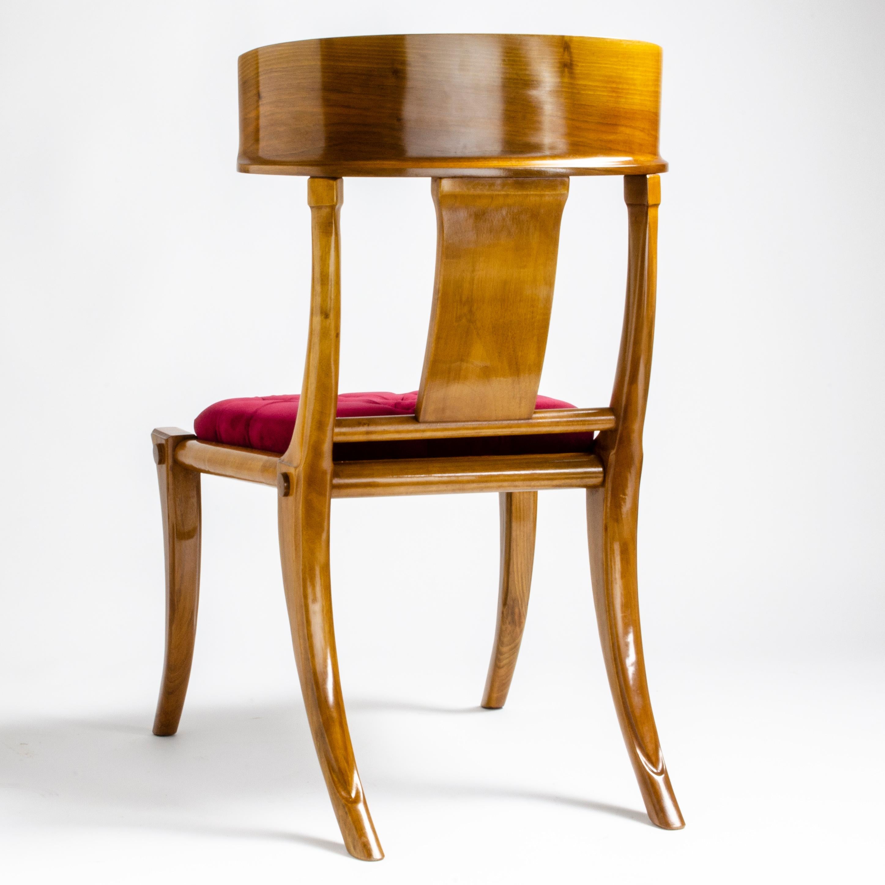 Italian Klismos Walnut Wood Saber Legs Customizable Red Velvet Seats Dining Chairs For Sale