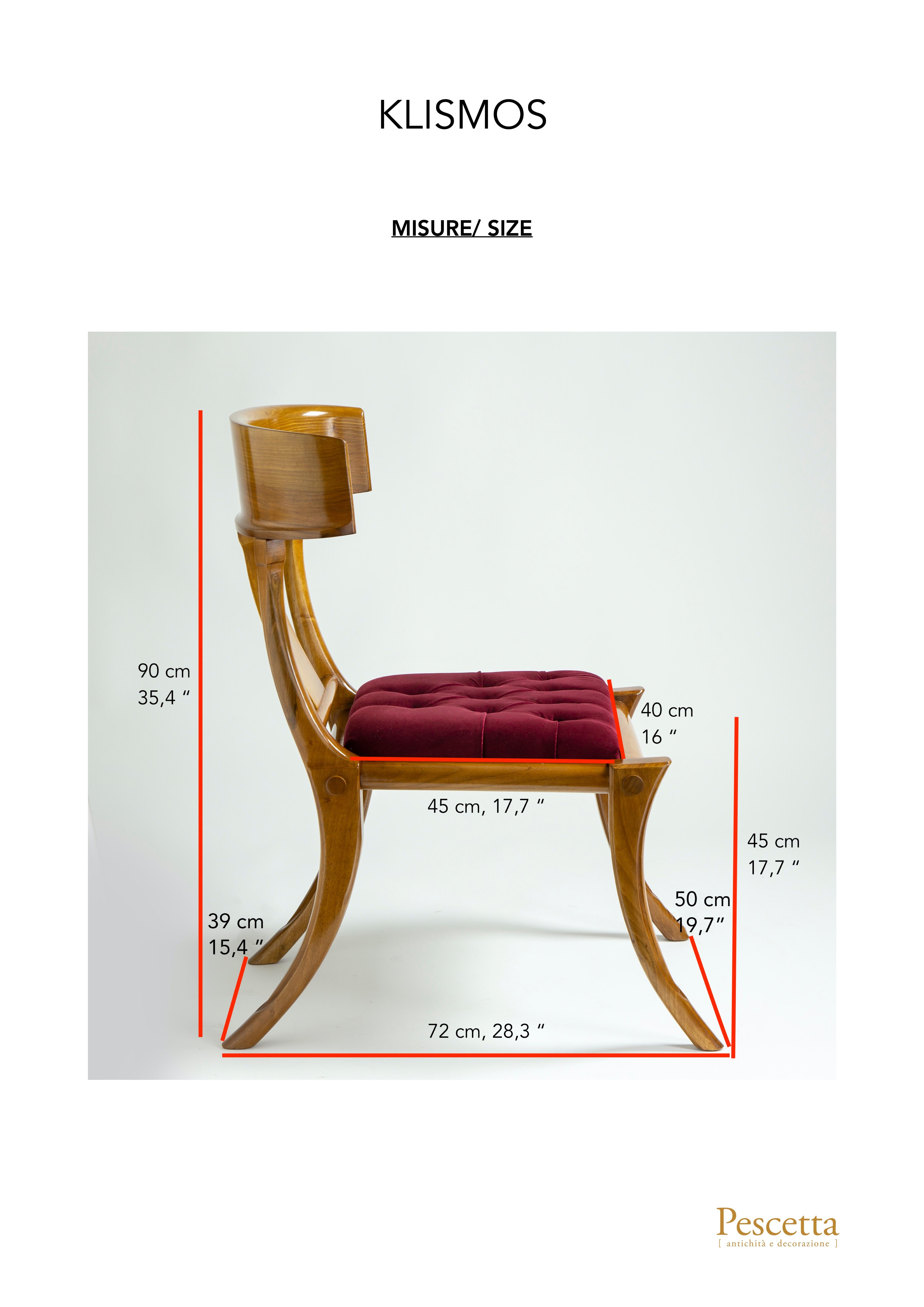 Klismos Walnut Wood Saber Legs Red Velvet Chairs, Customizable Set of 2 For Sale 7