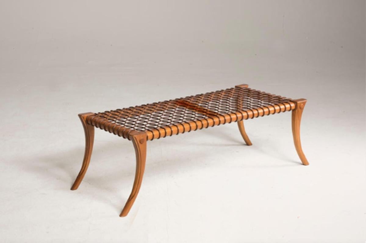 Italian Klismos Walnut Wood Woven Leather Bench Customizable Upholstery and Wood