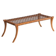 Klismos Walnut Wood Woven Leather Bench Customizable Upholstery and Wood