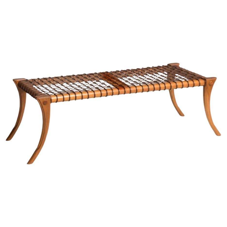 Klismos Walnut Wood Woven Leather Bench Customizable Upholstery and Wood