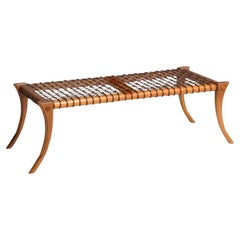Klismos Walnut Wood Woven Leather Bench Customizable Upholstery and Wood
