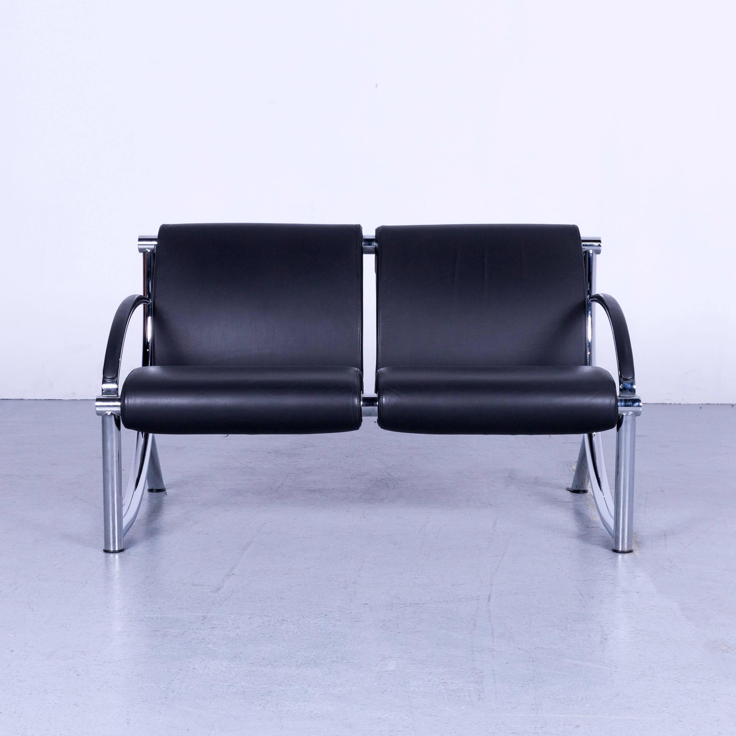 Klöber Tezett designer sofa in black leather with chrome frame made in Germany.