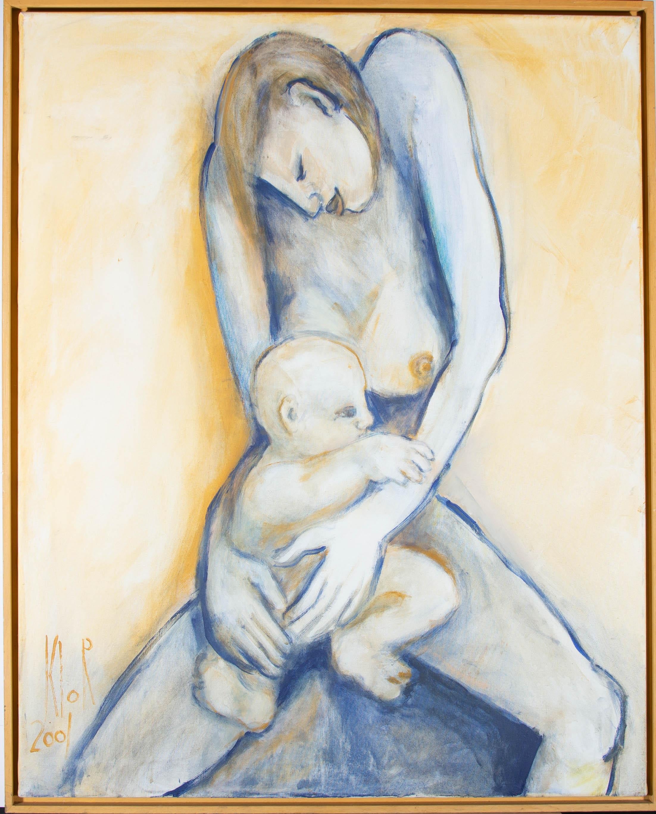 A beautiful contemporary depiction of the bond between a mother and her baby. The artist has captured the intimacy between their bodies and the mother's expression of joy and love in wonderfully soft and expressive blue line work. The artist has