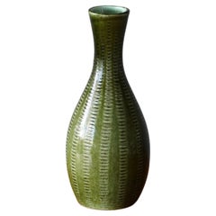 Klosterkeramik, Vase, Green Glazed Incised Stoneware, Ystad, Sweden, 1960s