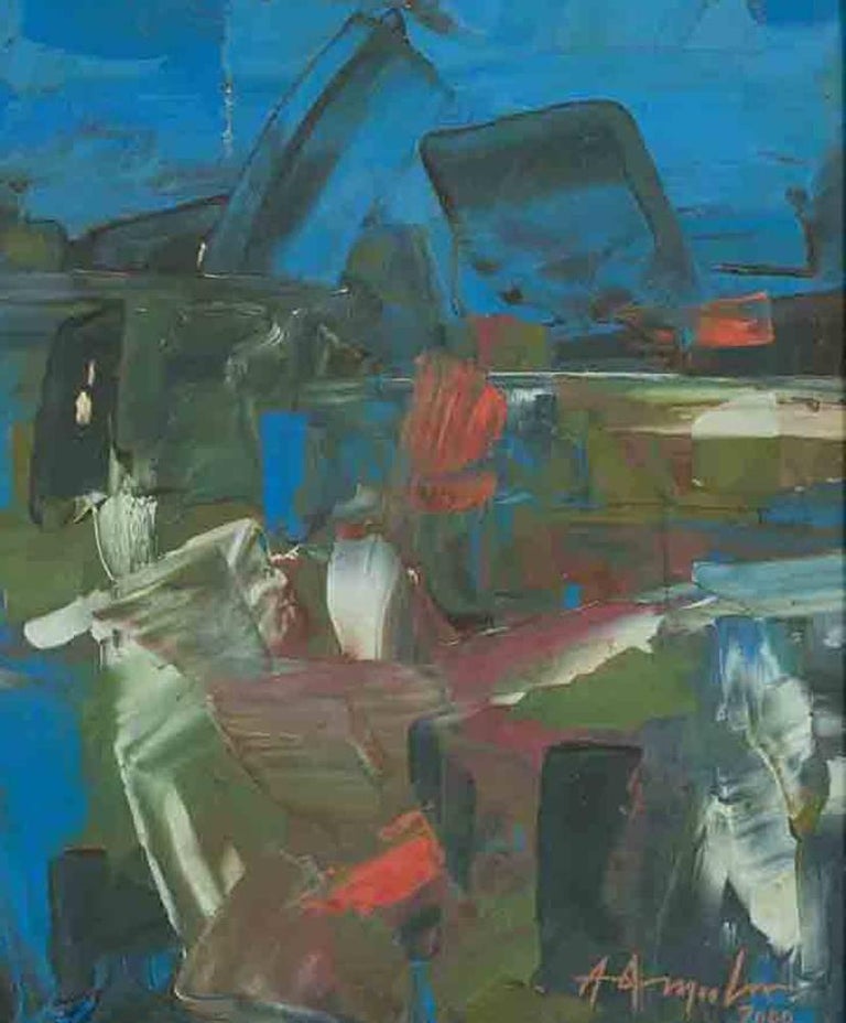 K M Adimoolam Abstract Oil Painting Blue Grey Green Black