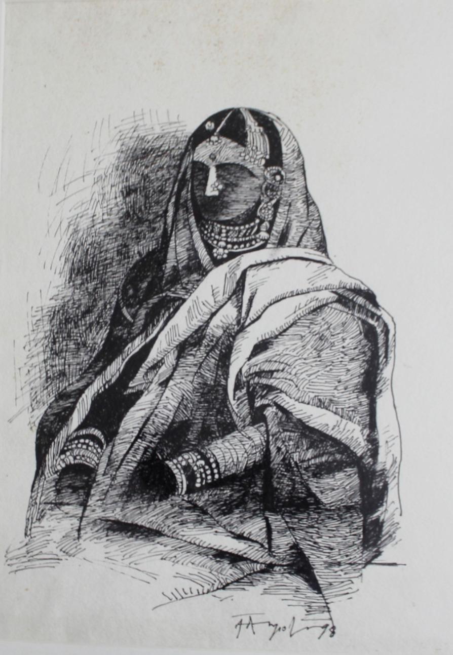 Queen, Pen & Ink on Paper, B/W Colors by Indian K.M. Adimoolam "In Stock"