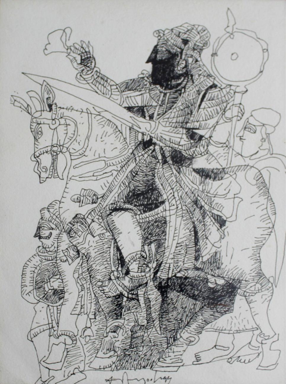 Warrior King, penna e inchiostro su carta, colori in b/n di Indian K.M. Adimoolam "In magazzino