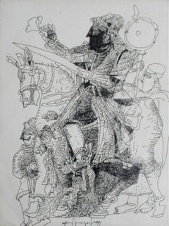 Warrior King, Stift und Tinte auf Papier, B/W Farben von Indian K.M. Adimoolam „„Auf Lager“