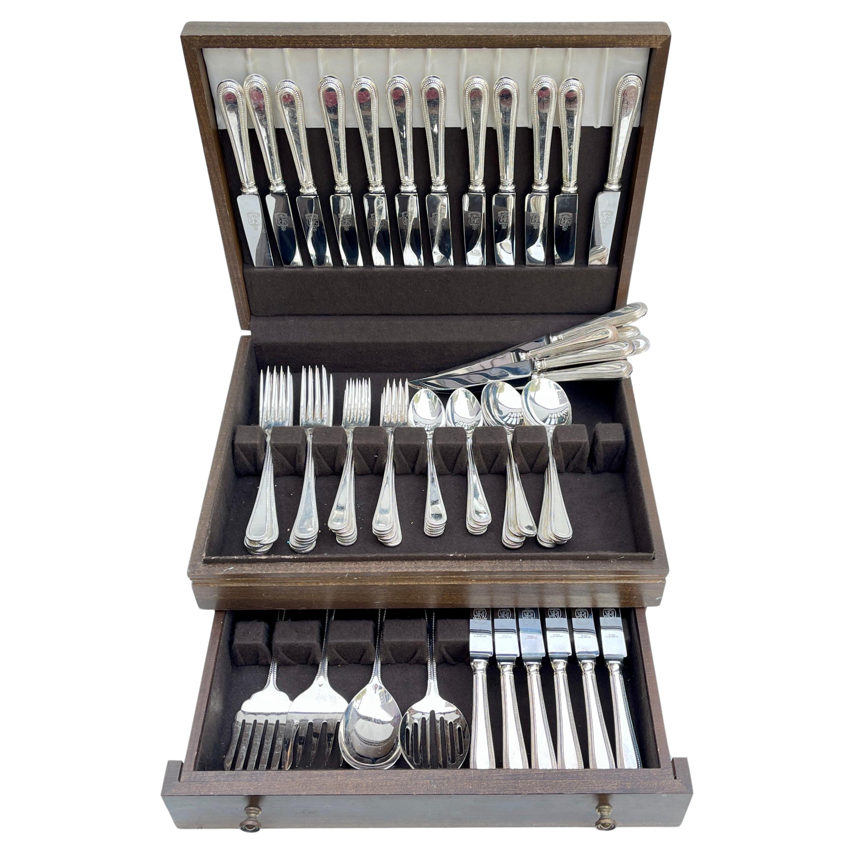 K&M Sheffield English EPNS Beaded Flatware Boxed Set – 76 Pieces For Sale