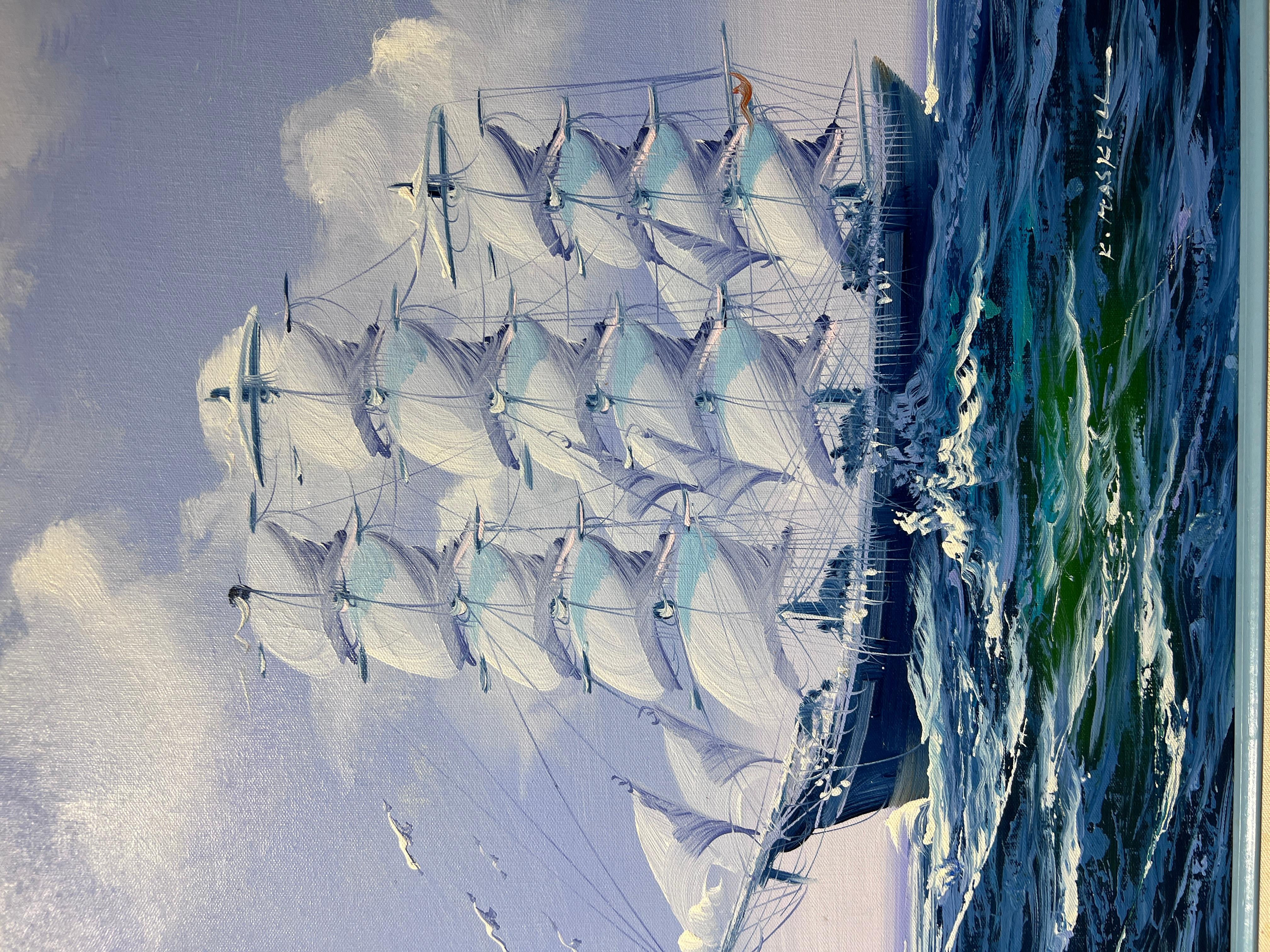 This oil painting captures the majesty of a tall ship in full sail on the high seas. Its sails are billowing in the wind, brilliantly white against the soft blue hues of the sky. The ship itself is rendered in fine detail, indicating the strength