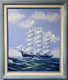 Vintage K.Maskell painting on canvas, seascape, Sailing Ship in the Ocean, Framed