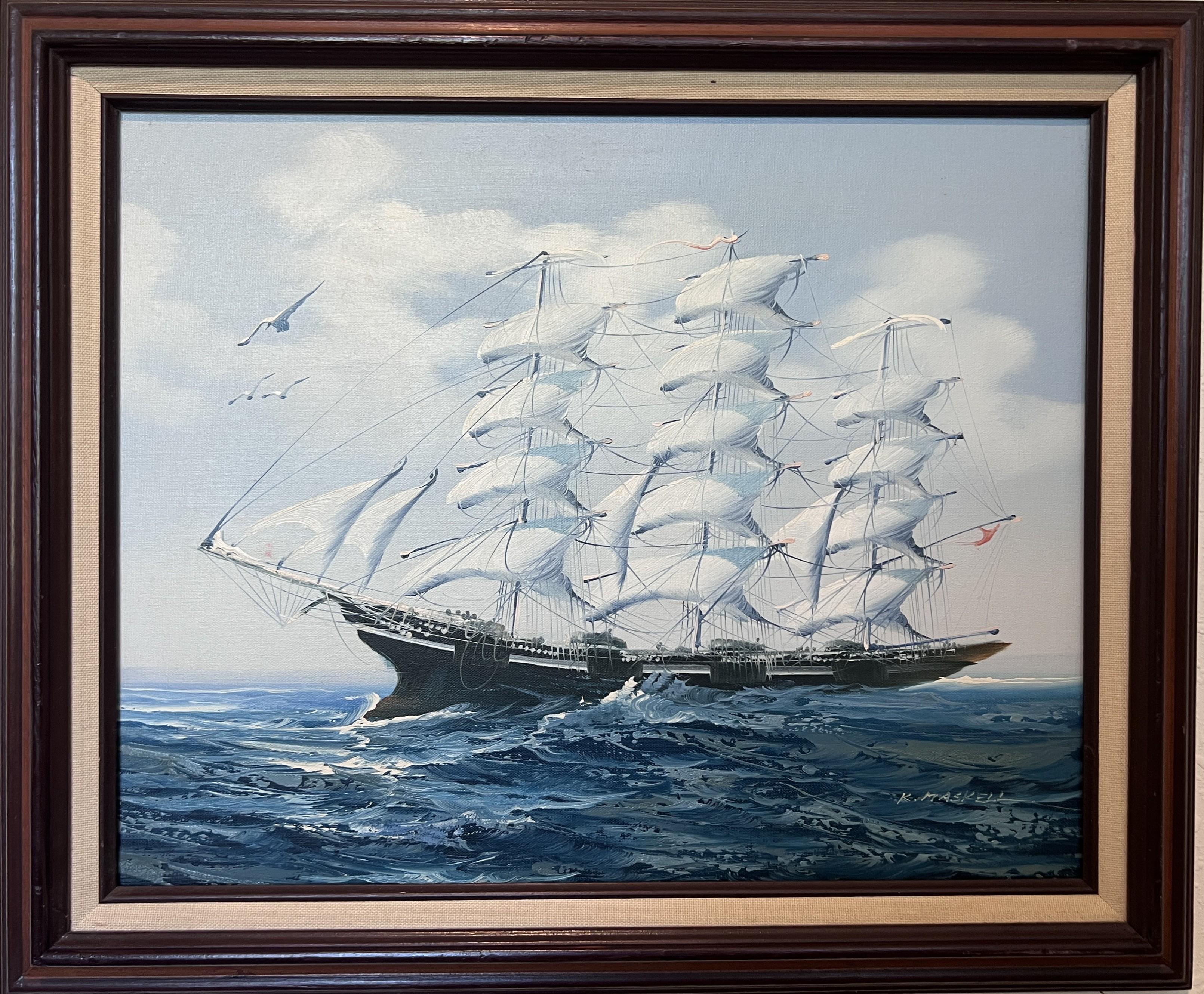 Vintage Maritime Oil Painting of Tall Ship at Sea Signed K. Maskell Nautical Art