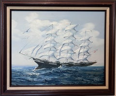Vintage Maritime Oil Painting of Tall Ship at Sea Signed K. Maskell Nautical Art