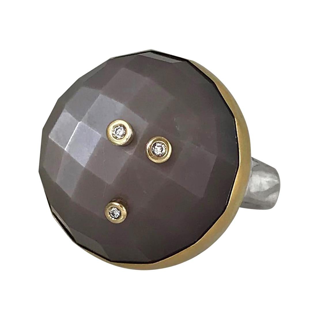 49 Carat Chocolate Moonstone with Diamond Ring made from 18 Karat Gold, Silver For Sale