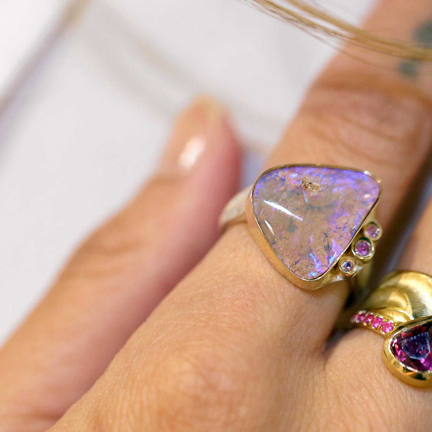 Modern K.Mita Coloradas Ring, Pink Boulder Opal, Pink Sapphires, 18 Karat Gold, Silver