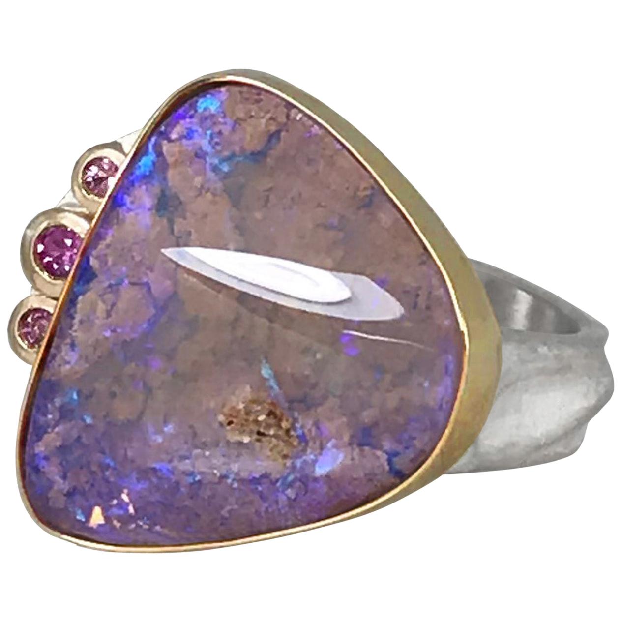 K.Mita Coloradas Ring, Pink Boulder Opal, Pink Sapphires, 18 Karat Gold, Silver