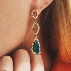 Opal and Multi-Color Sapphire and Diamond 18K Yellow Gold Long Dangle Earrings