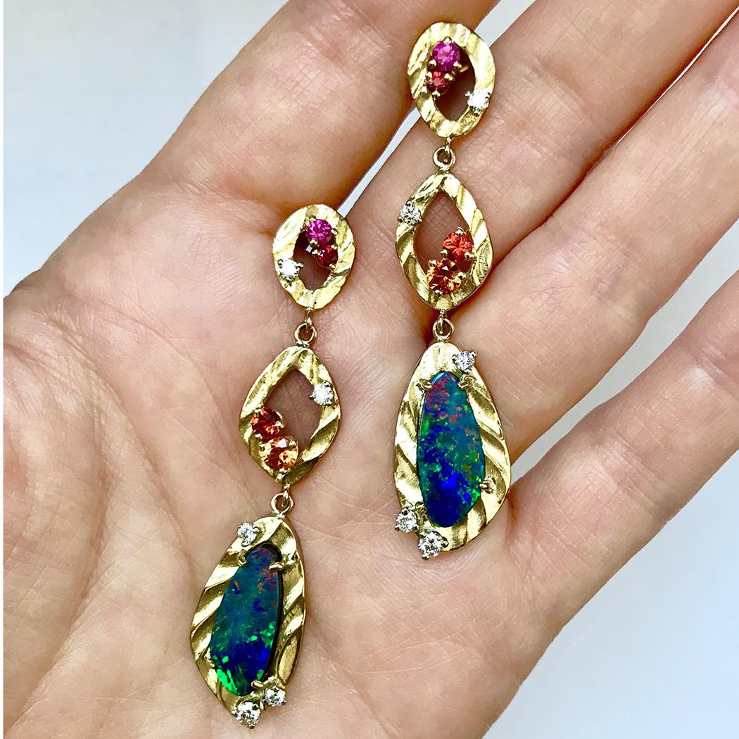 Contemporary Opal and Multi-Color Sapphire and Diamond 18K Yellow Gold Long Dangle Earrings  For Sale