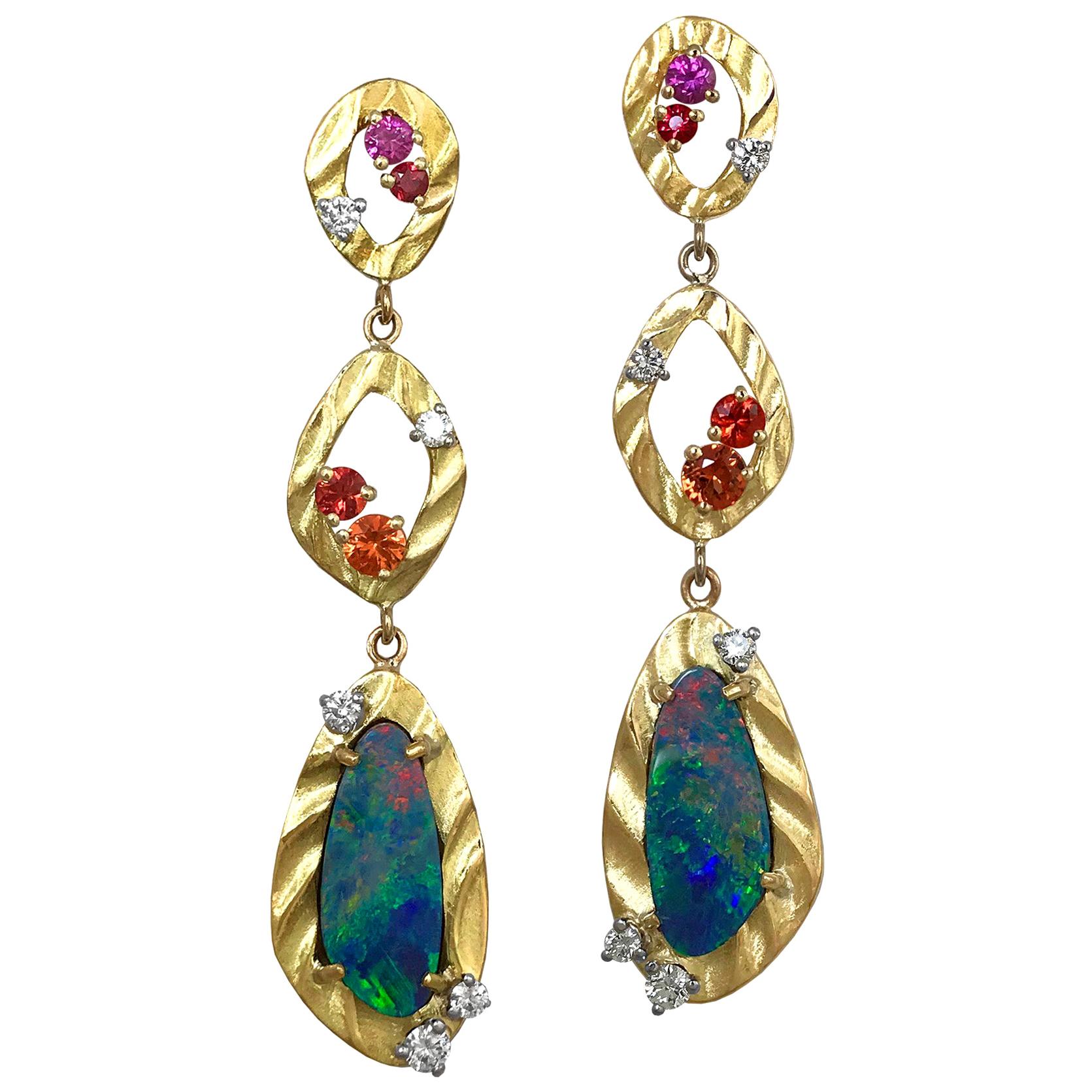 Opal and Multi-Color Sapphire and Diamond 18K Yellow Gold Long Dangle Earrings  For Sale