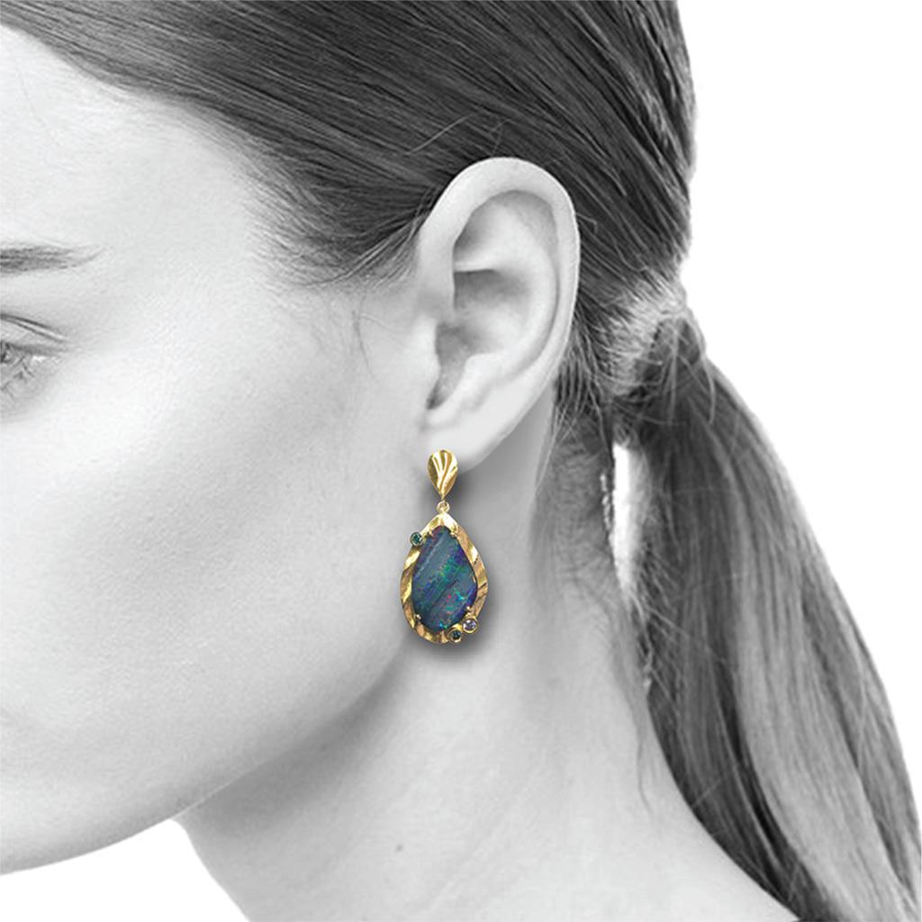 Contemporary 18 Karat Yellow Texture Gold Blue Opal Dangle Earrings with Blue Diamonds  For Sale