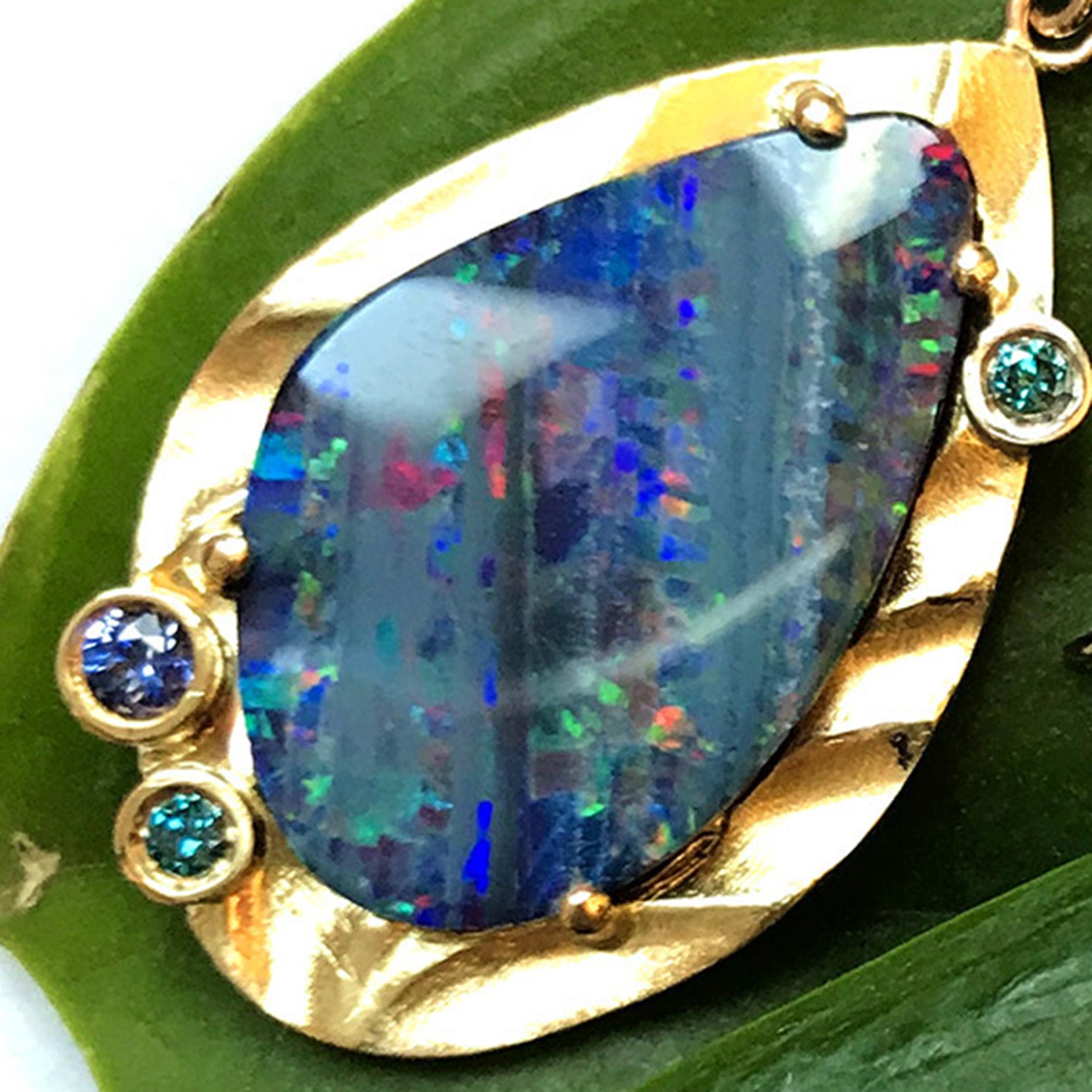 Pear Cut 18 Karat Yellow Texture Gold Blue Opal Dangle Earrings with Blue Diamonds  For Sale